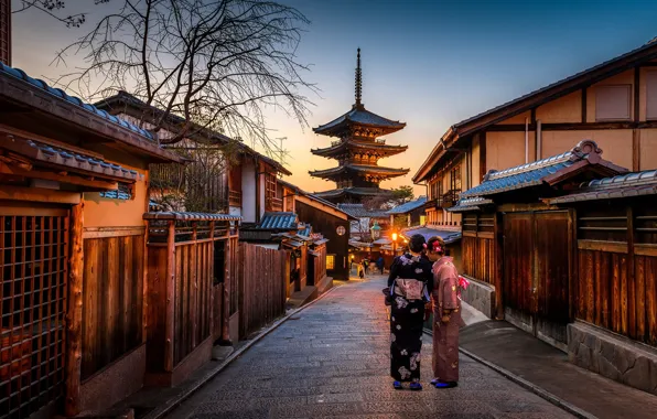 Картинка city, lights, Japan, twilight, Kyoto, sunset, evening, street