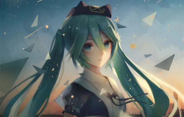 Картинка взгляд, девушка, портрет, vocaloid, hatsune miku, вокалоид, хатсуне мику