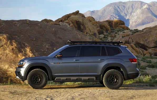 Горы, Volkswagen, вид сбоку, SUV, Atlas, 2019, тёмно-серый, Basecamp Concept