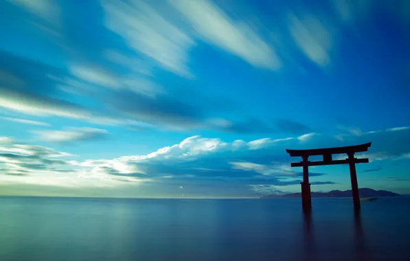 Небо, пейзаж, океан, ворота, Япония, Japan, тории