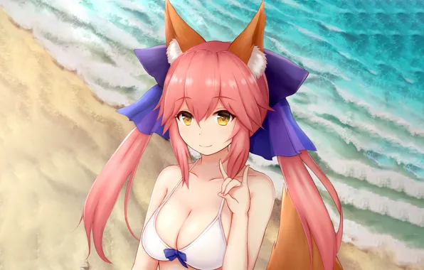 Girl, sexy, cleavage, beach, long hair, sea, boobs, anime