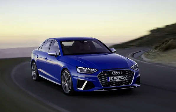 Синий, движение, Audi, седан, Audi A4, Audi S4, 2019