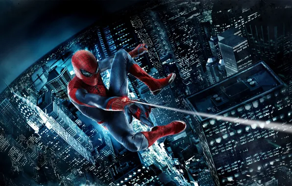 Картинка ночь, небоскребы, летит, Человек-паук, Spider-Man, Amazing spider-man, пвутина