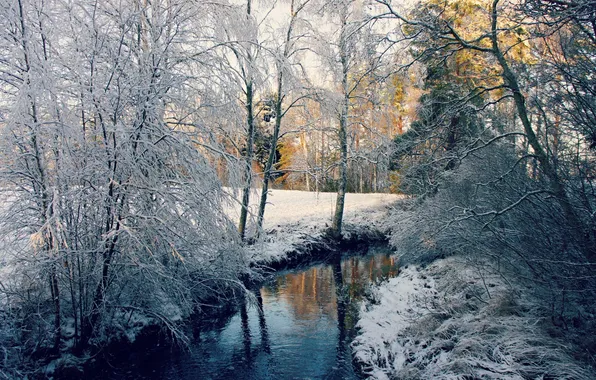 Картинка зима, снег, деревья, речка