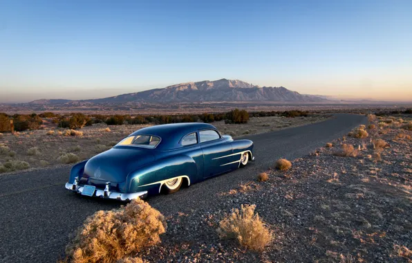 Картинка дорога, небо, горы, Chevrolet, горизонт, классика, задний, 1951