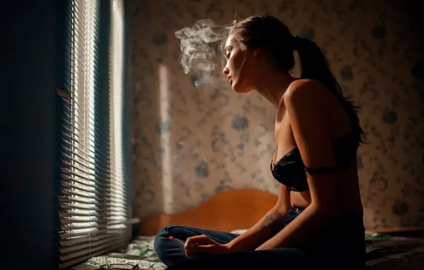 Girl, smoking, smoke, mood, cigarette, top