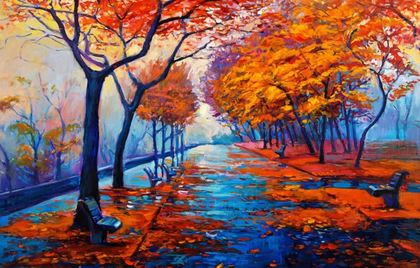 Картинка пейзаж, краски, картина, живопись, landscape, autumn, painting, oil