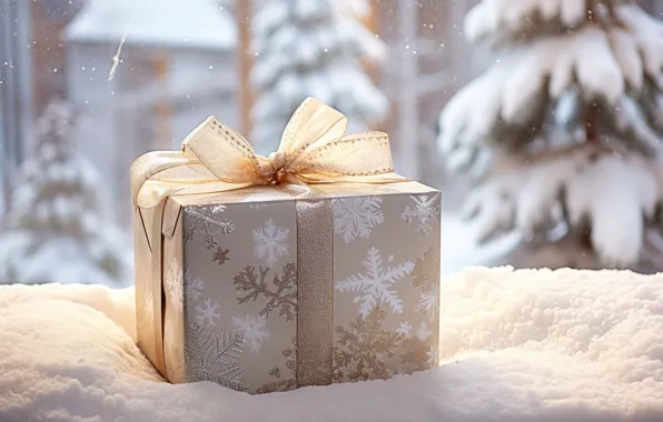 Картинка gift box, Новый Год, подарки, snow, зима, fir tree, window, Christmas