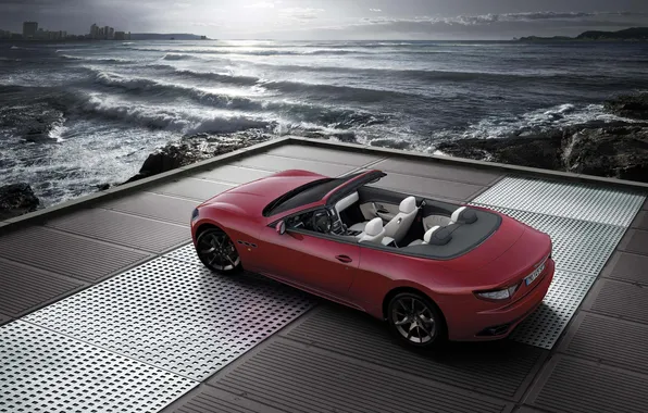 Море, кабриолет, красная, Maserati GranCabrio Sport