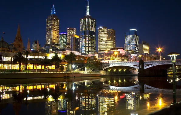Картинка ночь, мост, город, огни, река, пальмы, небоскребы, Мельбурн
