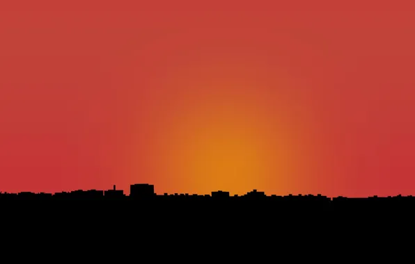 Картинка солнце, закат, город, цвет, здания, дома, минимализм