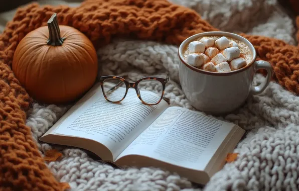 Очки, тыква, книга, маршмеллоу, вязаные вещи, ИИ-арт, нейросеть