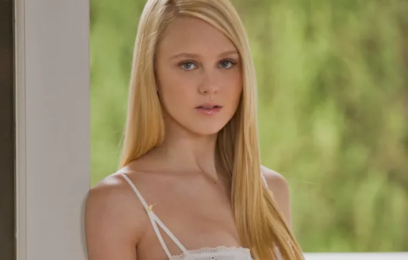 White, cleavage, dress, woman, young, model, blonde, mouth