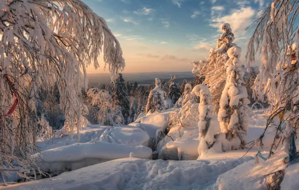 Картинка зима, снег, деревья, пейзаж, закат, горы, природа, Пермский край