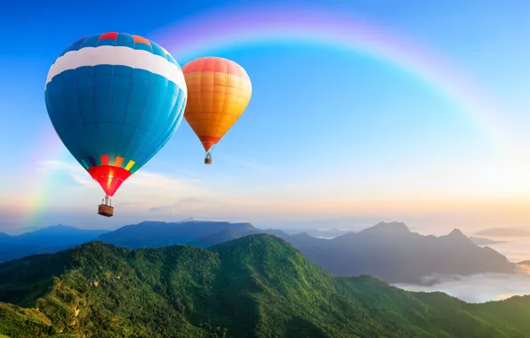 Картинка воздушные шары, холмы, вид, высота, радуга