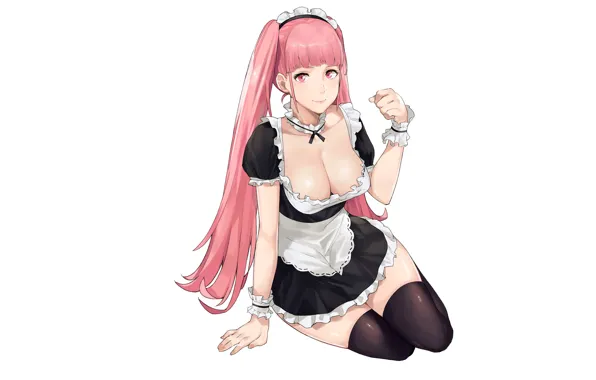 Girl, sexy, cleavage, thighhighs, pink hair, long hair, dress, legs