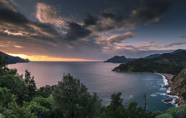 Картинка sea, coast, sunset, mountain, corsica