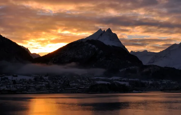 Пейзаж, закат, горы, река