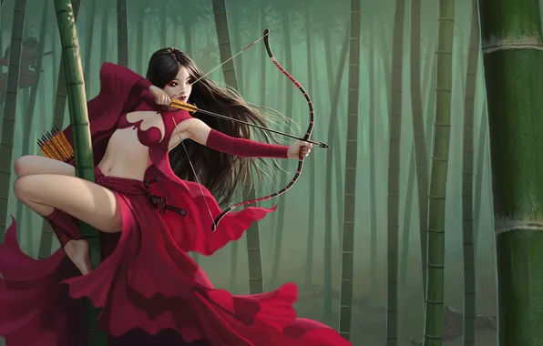 Лес, девушка, бамбук, лук, стрелы, Red Shadows