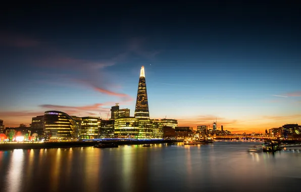 Картинка закат, мост, огни, отражение, Лондон, зеркало, Великобритания, река Темза