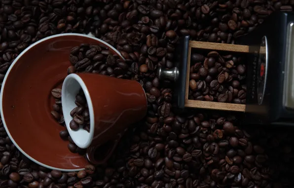 Картинка кофе, кружка, кофейные зёрна, блюдце, кофемолка