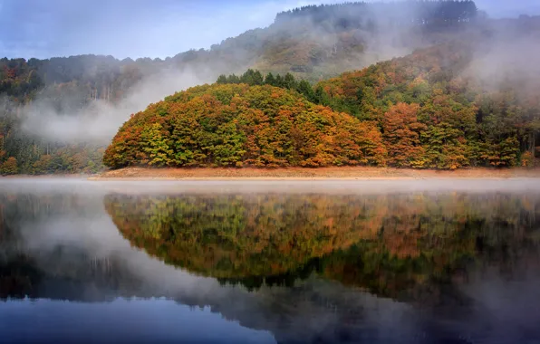 Осень, отражения, деревья, озеро, Люксембург