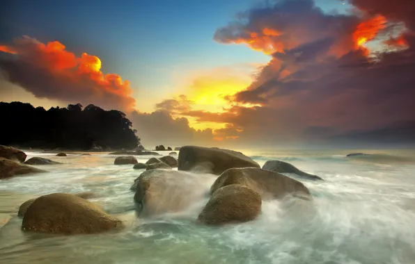 Картинка море, волны, облака, закат, тучи, камни, потоки, глыбы