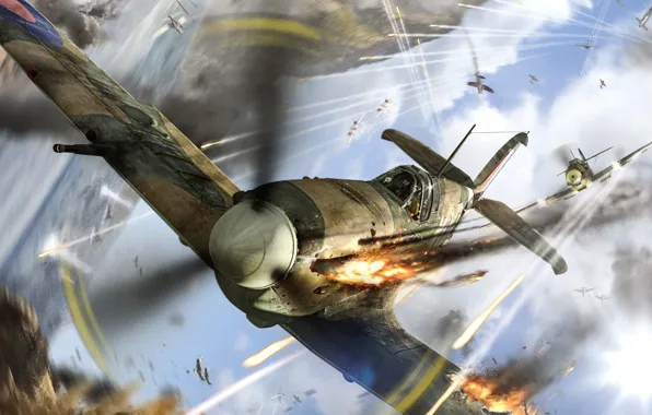 Картинка огонь, самолеты, стрельба, в небе, Spitfire, преследование, воздушный бой, World of Warplanes