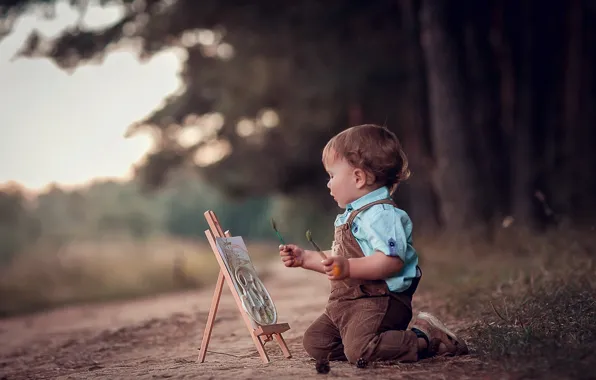 Картинка природа, мальчик, малыш, дорожка, художник, ребёнок, мольберт, Анна Ипатьева