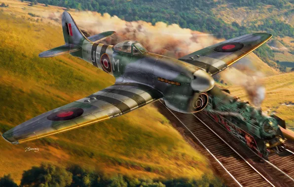 Картинка небо, самолет, арт, британский, ВВС Великобритании, WW2, одноместный, Hawker Tempest