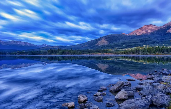 Горы, озеро, отражение, камни, Канада, Альберта, Alberta, Canada