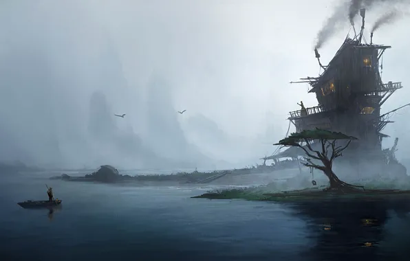 Туман, дом, люди, дерево, лодка, арт, Emmanuel Shiu