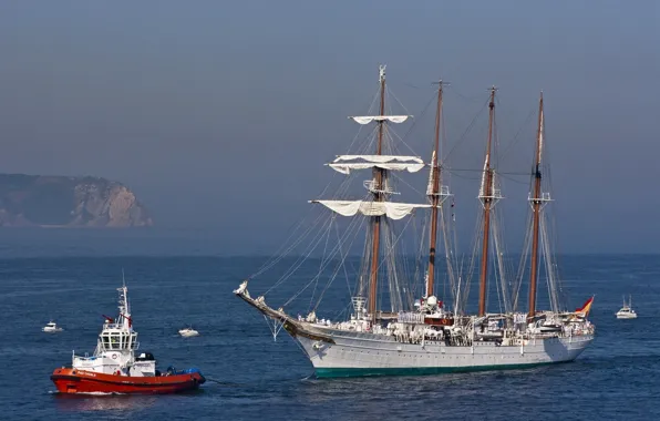 Картинка море, парусник, буксир, катера, шхуна, Juan Sebastián de Elcano