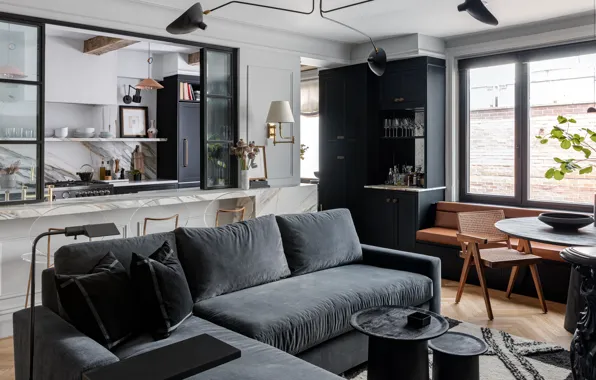 Дизайн, интерьер, кухня, гостиная, столовая, by Crystal Sinclair Designs, Upper West Side Apartment, небольшое пространство