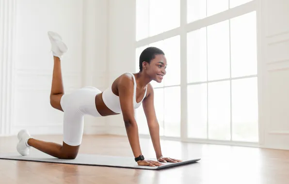 Black, woman, lady, exercise, workout, yoga, kick, donkey