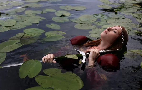 Вода, девушка, природа, стиль, меч, воительница, водоем, в воде
