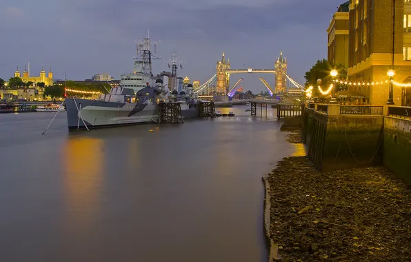 Ночь, мост, огни, река, корабль, Англия, Лондон
