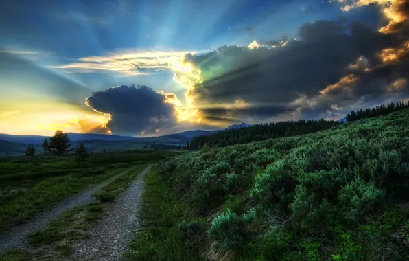Картинка дорога, небо, облака, закат, природа, фото, рассвет, HDR