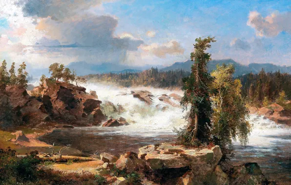 Водопад, Деревья, Река, Картина, Бельгийский живописец, Франц Рихард Унтербергер, Franz Richard Unterberger, Грохочущий водопад