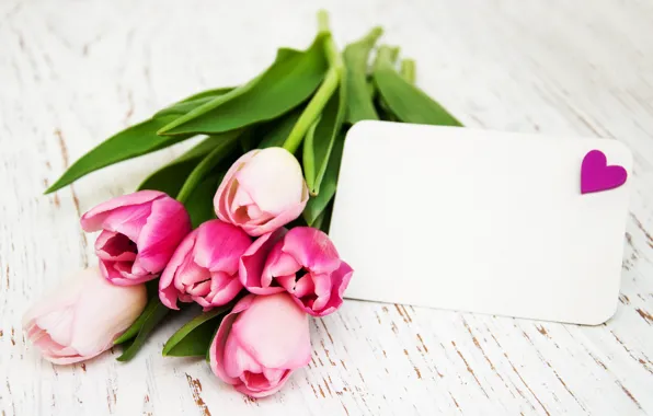 Картинка цветы, букет, тюльпаны, love, розовые, heart, wood, pink