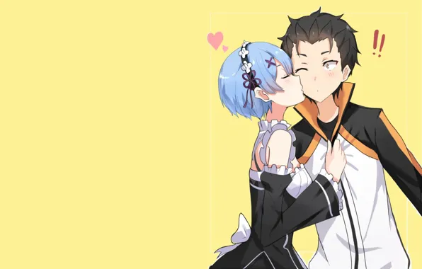 Поцелуй, аниме, арт, Субару, Re: Zero kara Hajimeru Isekai Seikatsu, С нуля, Рем