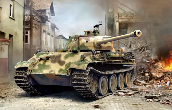 Картинка огонь, дым, кирпич, развалины, танк, поздний, средний, Panther Ausf.G