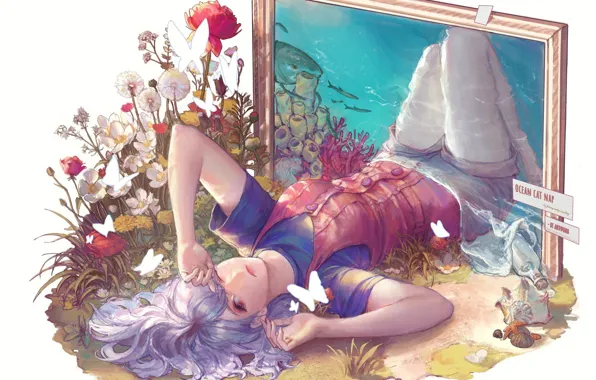 Девушка, бабочки, цветы, океан, акула, картина, рамка, арт