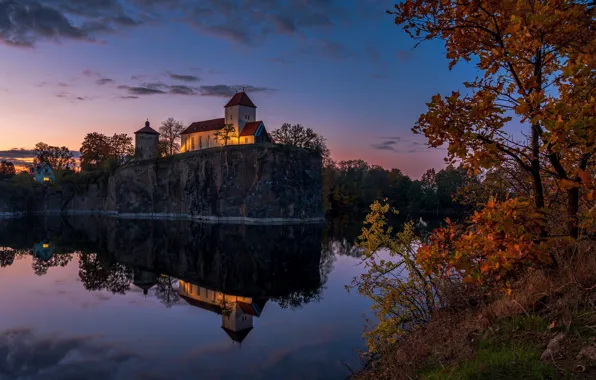 Картинка осень, деревья, закат, озеро, отражение, Германия, церковь, Germany