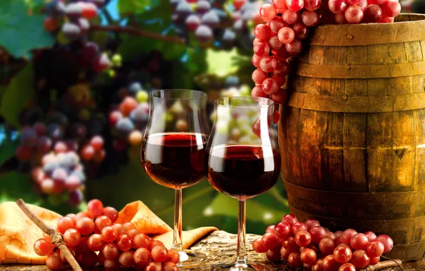 Картинка ветки, вино, красное, бокалы, виноград, бочонок