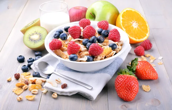 Ягоды, малина, завтрак, черника, фрукты, breakfast, мюсли
