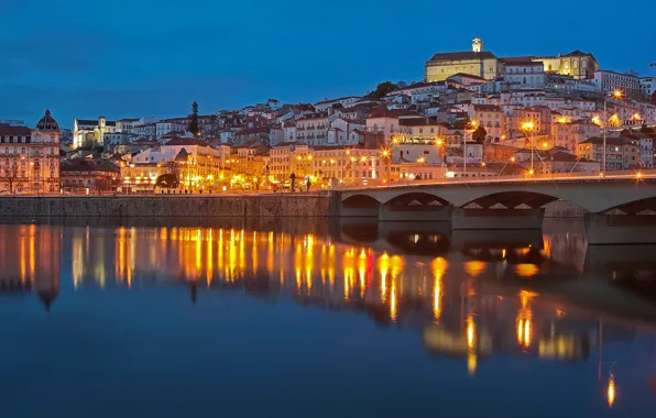 Мост, река, здания, дома, Португалия, ночной город, Portugal, Coimbra