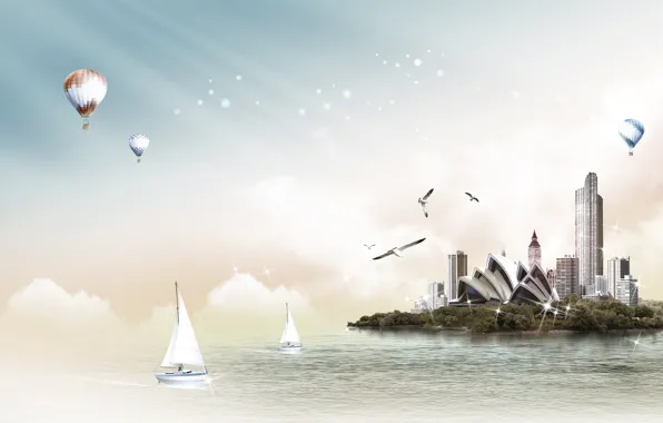 Картинка море, город, шары, чайки, яхты