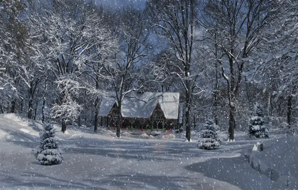 Картинка зима, лес, снег, деревья, пейзаж, огни, дом, лампочки