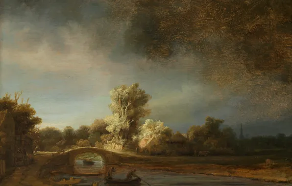 Картинка пейзаж, река, лодка, картина, Рембрандт ван Рейн, Каменный Мост